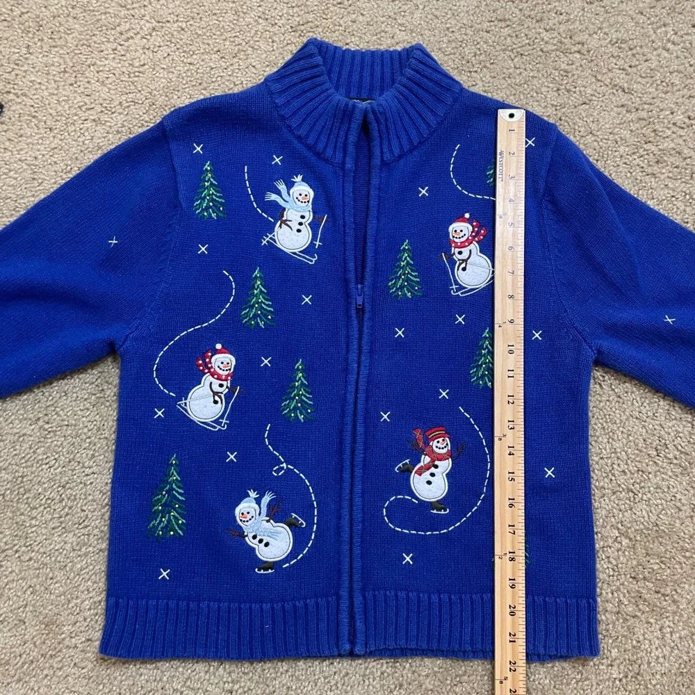Crystal Kobe Women's M Blue Snowman Christmas Zip Up Sweater Jacket  Embroidered